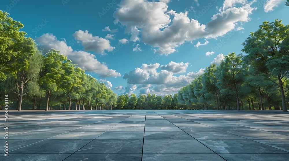 Aufkleber Empty square floor and green forest with sky clouds background Panoramic view : Generative AI