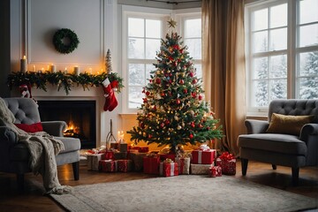 Christmas tree in cozy living room with gifts and decorations