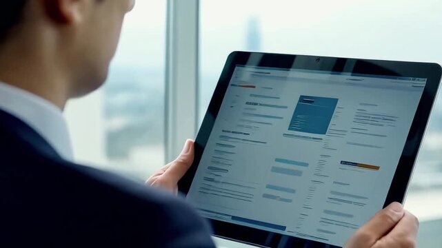 A professional reviewing detailed business reports on a digital tablet