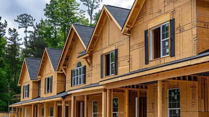 Obraz premium New home construction in a residential cottage community house shells waiting for roofing and siding : Generative AI