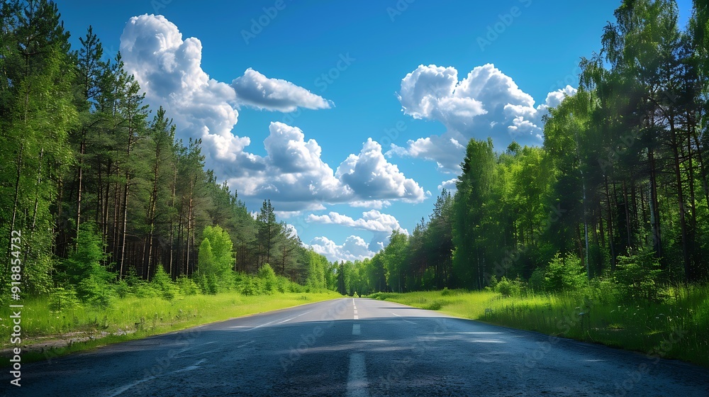 Aufkleber empty square or road through green forest trees under blue sky and clouds : generative ai
