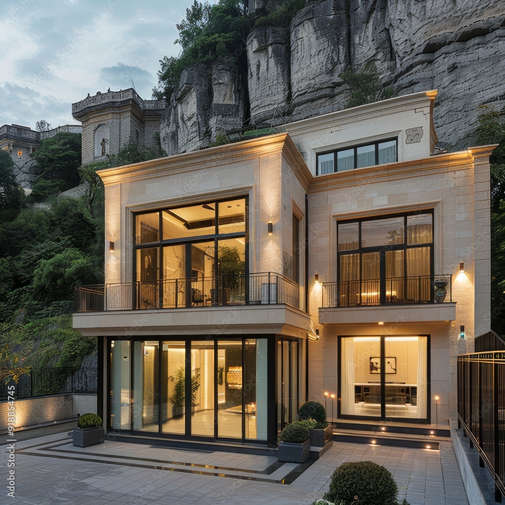 Sticker Modern luxury home with large windows and a balcony, situated against a dramatic rock face.