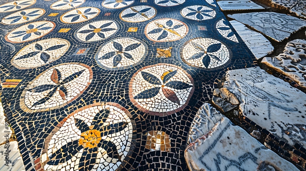 Poster ancient mosaic floor regular pattern from laodicea church with geometric design denizli turkey turki