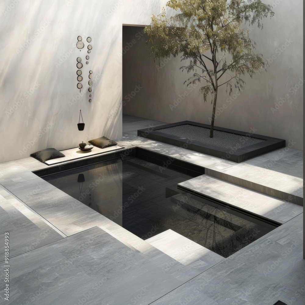 Wall mural Modern minimalist courtyard with a small pool, a tree, and a zen-like seating area.