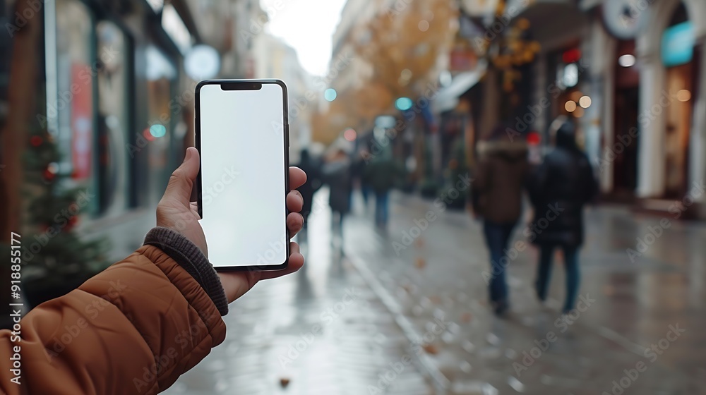 Poster man holding smartphone showing white blank screen at street : generative ai