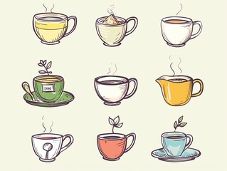 Set of various cup of tea simple illustration. AI generated