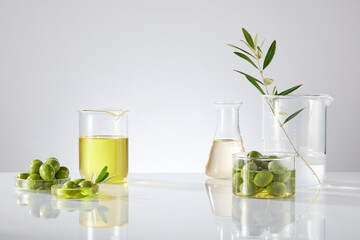 Lab glassware with beakers, petri dish and erlenmeyer flask containing fresh olive, branches and...