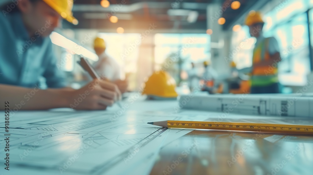 Poster Brainstorming group of architects and engineers discuss building blueprint design paperwork and drawing construction project planning on wooden table in office Construction project bud : Generative AI
