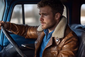 Rugged Man Driving Vintage Truck, Wearing Brown Leather Jacket with Shearling Collar