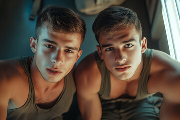 Two Young Army Recruits in Tank Tops, Intense Expressions in Dimly Lit Room