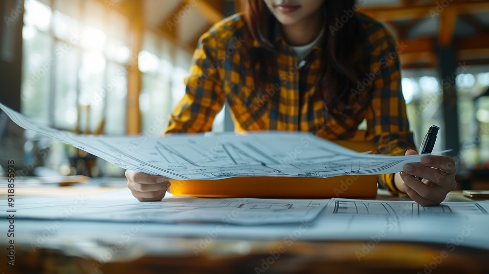 Poster diverse engineer team working at the office table with construction plans and architect equipment an