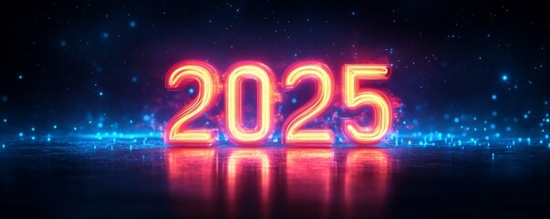 Neon glowing 2025 sign with sparkles on a dark background, symbolizing the futuristic and vibrant new year celebration. a festive and cool theme. happy new year , banner template in futuristic