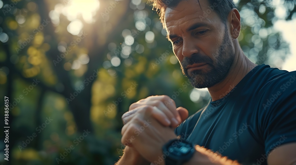 Poster Mid adult man using smart watch during training Heart monitor beats with wristwatch smart watch or future data on healthcare technology in use of smart watch for health condition : Generative AI