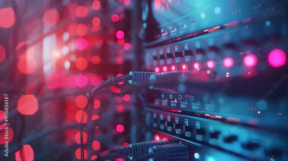 Poster blur technology data center room defocus fiber optic cable and network router switch in data center room for background and wallpaper : Generative AI