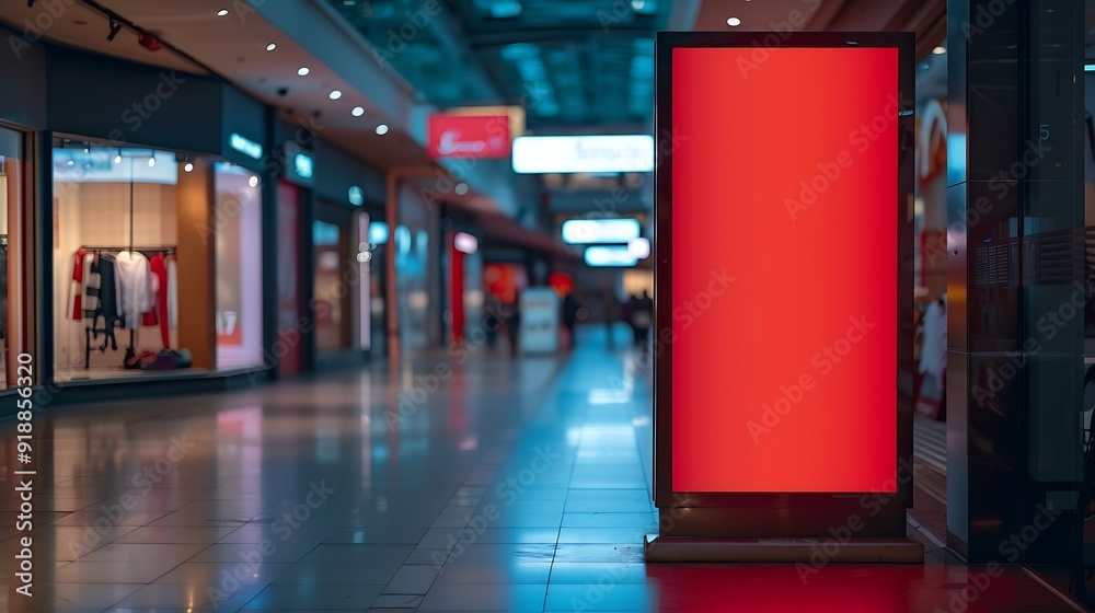 Poster red blank sign inside shopping mall mock up advertise display frame setting over the clothes line in the shopping department store for shopping business fashion and advertisement conce : Generative AI