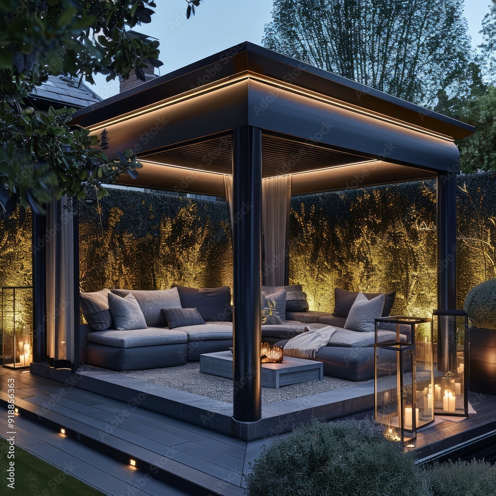 Canvas Prints Modern outdoor lounge area with a pergola, lighting, and comfortable seating.