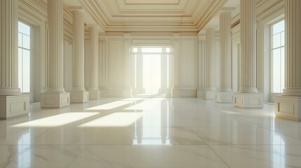 A spacious empty room with columns and no furniture The concept of a comfortable office The interior space of a modern office building Bright and clean interior design of a luxurious l : Generative AI