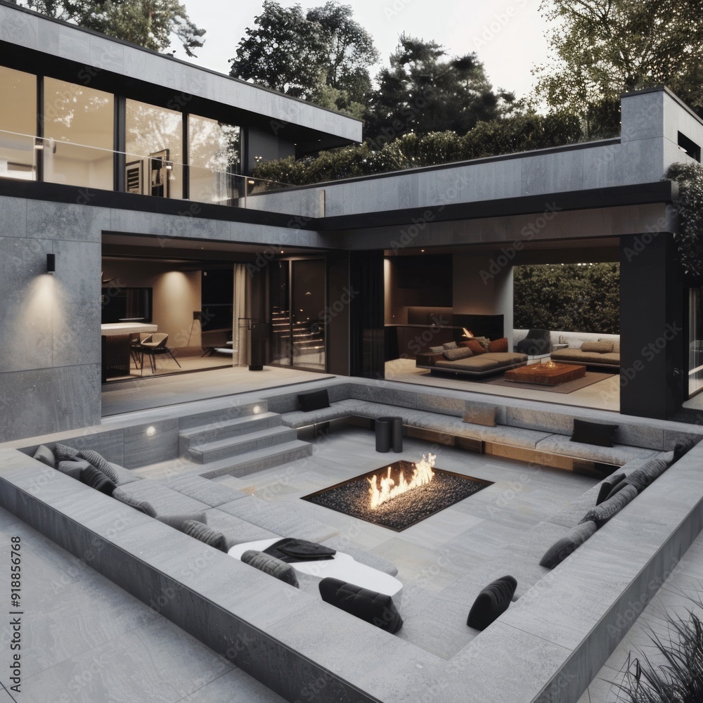 Sticker Modern patio with fire pit and built-in seating.