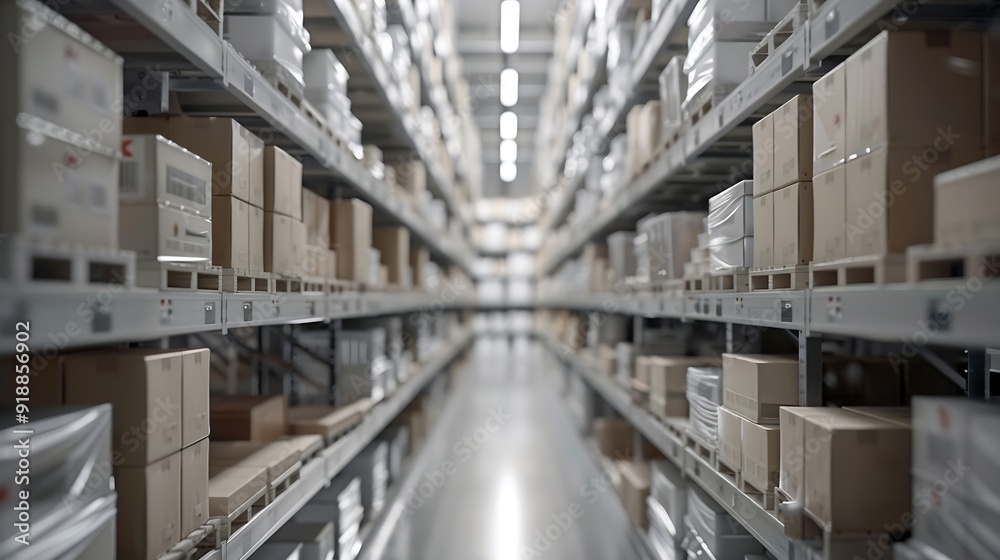 Aufkleber rows of shelves with boxes in the factory warehouse a perfectly white clean warehouse smooth boxes s
