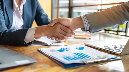 A financial advisor and a customer engaging in a handshake.

