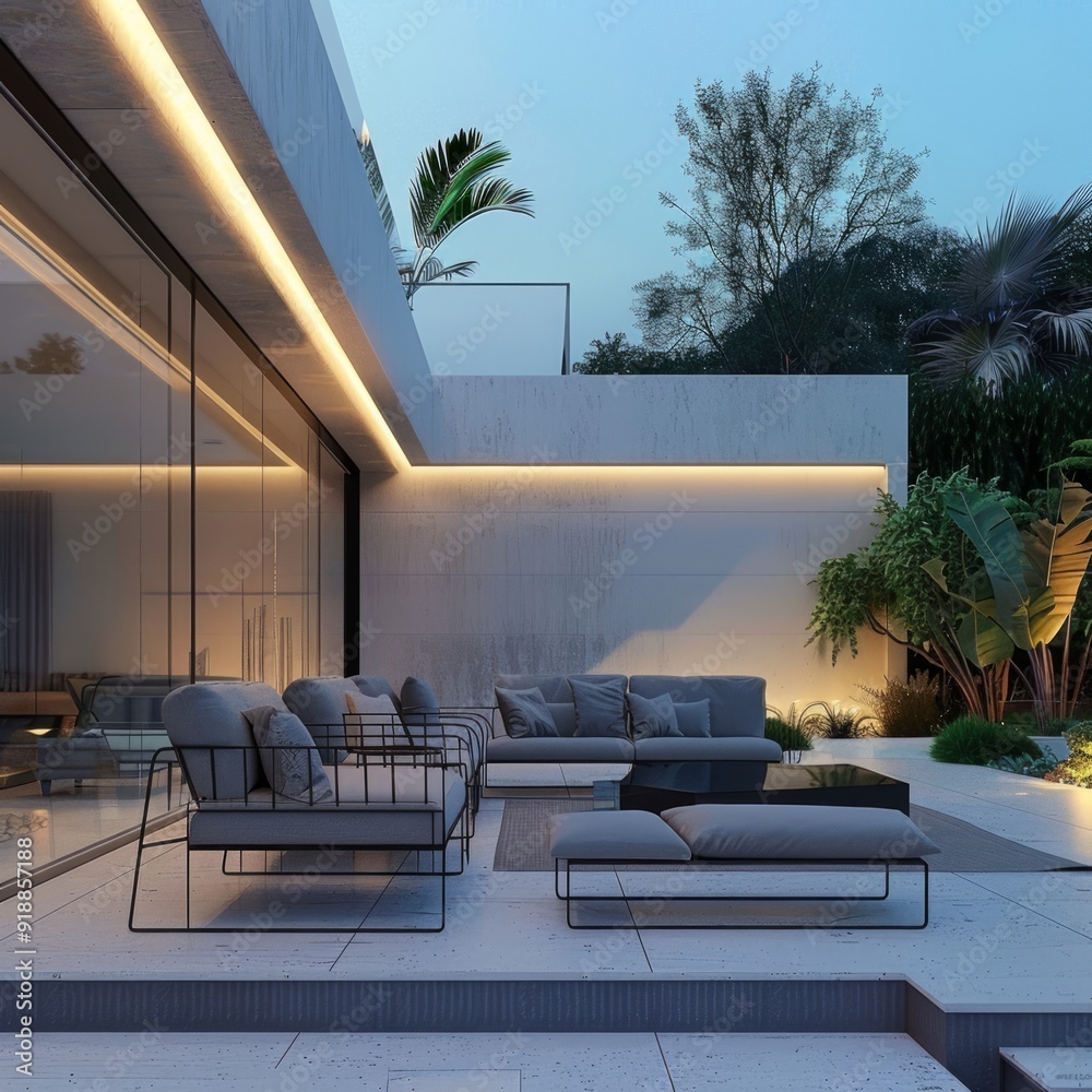 Sticker Modern patio with sleek furniture, illuminated by warm light at dusk.