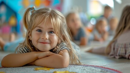 Little children lying on floor in kindergarten : Generative AI