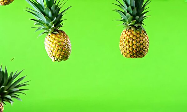 Floating pineapples on vibrant green screen background with ai generated.

