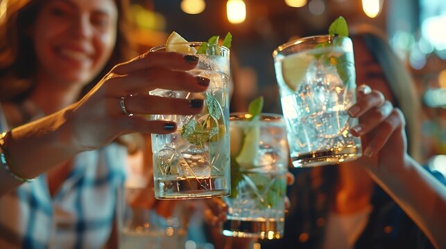Group of happy people enjoying cocktail party sitting at bar restaurant  Happy friends toasting gin tonic and mojitos together  Food and beverage life style concept : Generative AI
