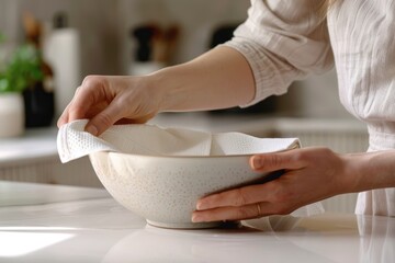 Close up of woman wiping bowl in kitchen with paper towel