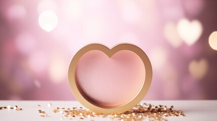 A heart-shaped frame sits on a table surrounded by glimmering confetti, creating a romantic atmosphere with soft background lighting, copy space