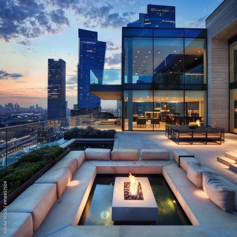 Wall mural Modern rooftop patio with fire pit and city skyline view.