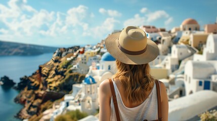 Fototapeta premium A woman with sunhat looks at the beautiful village of Oia Santorini island Greece during summer travel time : Generative AI
