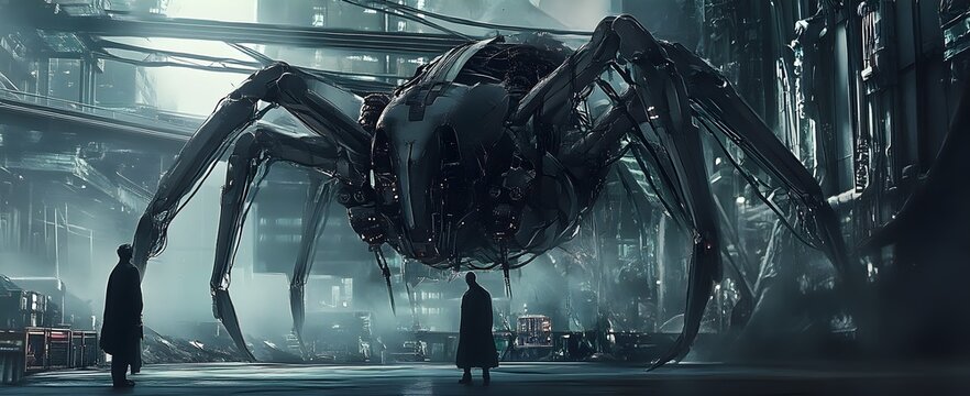 A cybernetic hybrid creature with an intricate exoskeleton and advanced nanotech components navigates a dystopian futuristic industrial landscape