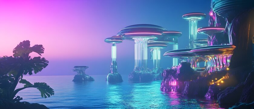Futuristic seapunk inspired architectural design with shimmering iridescent structures rising from the ocean featuring sleek curves crystalline surfaces