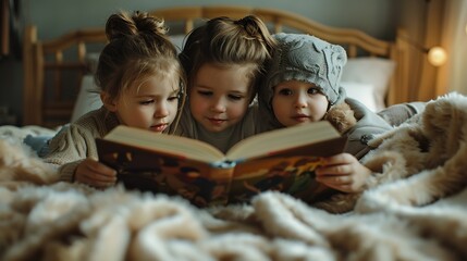 Mother with children reading book lying on bed at home : Generative AI