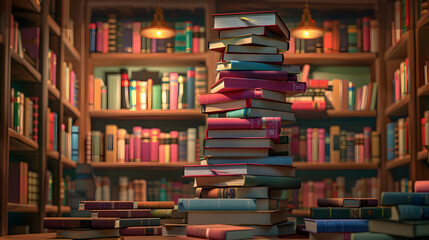 World Book Day. Vintage Library with Stacks of Old Books and Warm Lighting