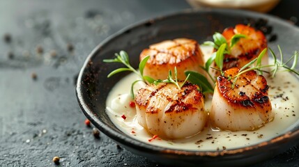 Fancy appetizer of grilled sea scallops in creamy sauce Roasted sea scallops in cheese espuma in ceramic bowl on black concrete background Seafood menu Delicatessen sea scallop on dark : Generative AI