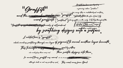 Antique hand written, hand drawn note or journal entry in cursive, unreadable, illegible, messy handwriting with areas crossed out, or parts scribbled out and censored, 