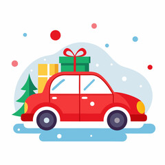 Red Car With Gifts In Snow Vector illustration