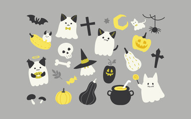 ゴーストキャットとハロウィンのイラスト  ( ベクター ハロウィン 秋 背景 挿絵 カード グレー )