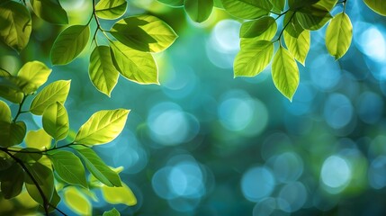 Summer background of blue and green blurred foilage and sky with bright bokeh Blurry abstract summer background Natural green leaves using as cover page greenery environment ecology ba : Generative AI