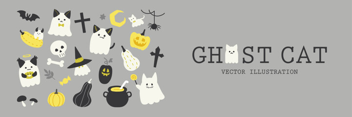 ゴーストキャットとハロウィン バナー イラスト  ( ベクター ハロウィン 秋 背景 挿絵 カード グレー コピースペース )