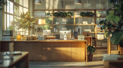Interior of modern office with desks and shelf unit : Generative AI