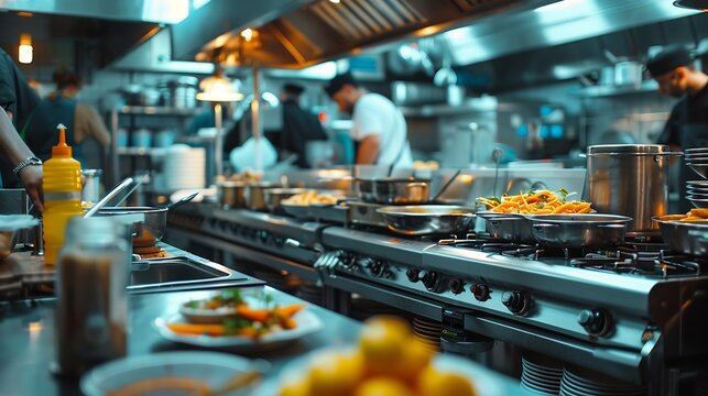 Restaurant kitchen without people There is no one in kitchen of cafe Concept  work in restaurant has been stopped Small restaurant kitchen with chrome equipment Dishes and products on  : Generative AI