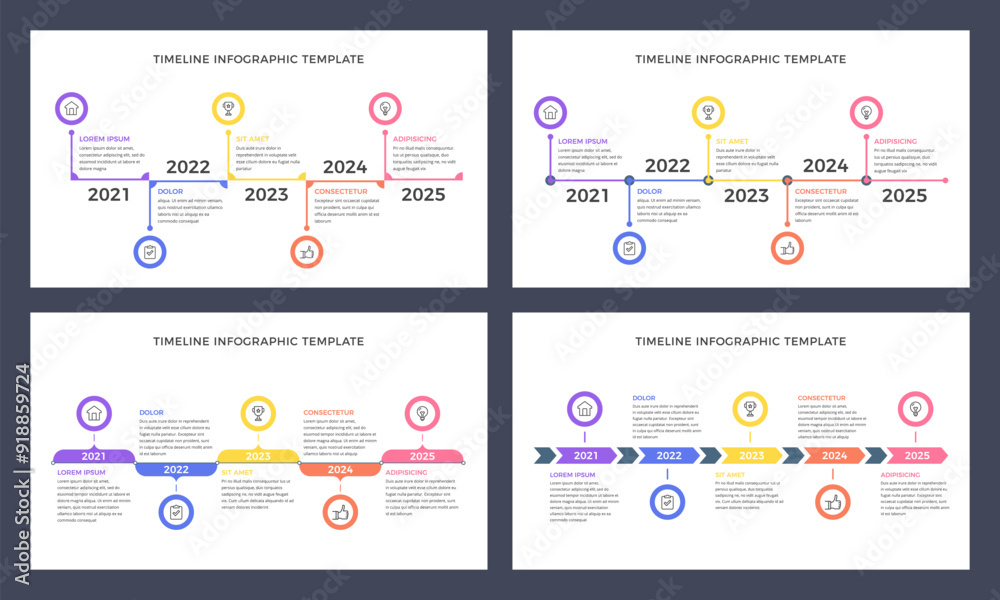 Wall mural four timeline infographic templates with five elements, presentation slides, vector eps10 illustrati