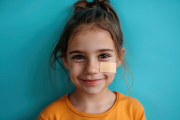 Happy young girl with band aid and vaccine smiling in studio