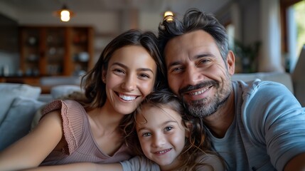 Obraz premium Family girl and portrait with selfie on sofa for personal blog profile picture and social media for memory Mom father and kid with photography in living room of home with love or conte : Generative AI