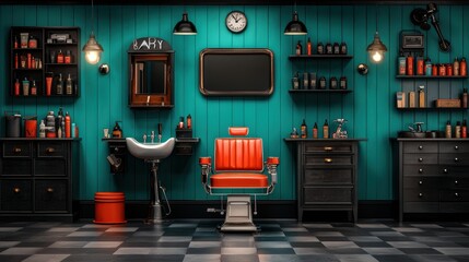 A barbershop with a red chair and a black desk. There is a clock on the wall