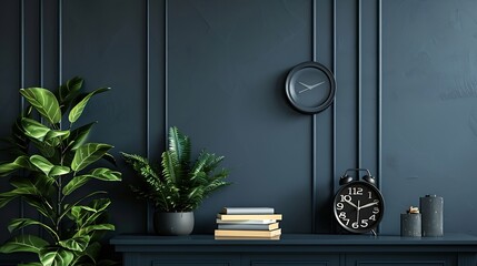Minimalist composition of elegant and outstanding space with navy commode green leaves in vase books black clock sculpture and personal accessories Home decor Template Copy space : Generative AI