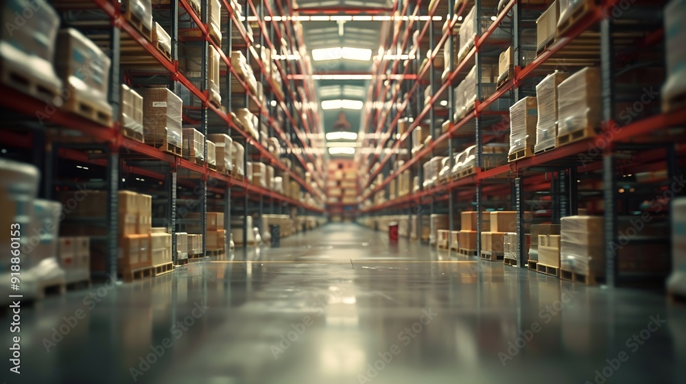 Poster large storage warehouse there is a walkway in the middle between the shelves : generative ai